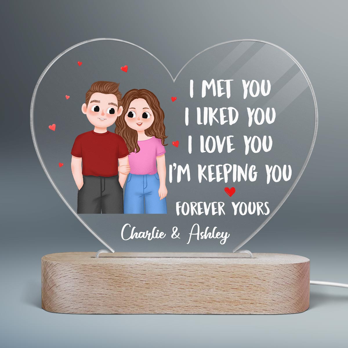 I Met You Cute Illustration Couple Gift For Him For Her Personalized Acrylic Heart Plaque LED Night Light