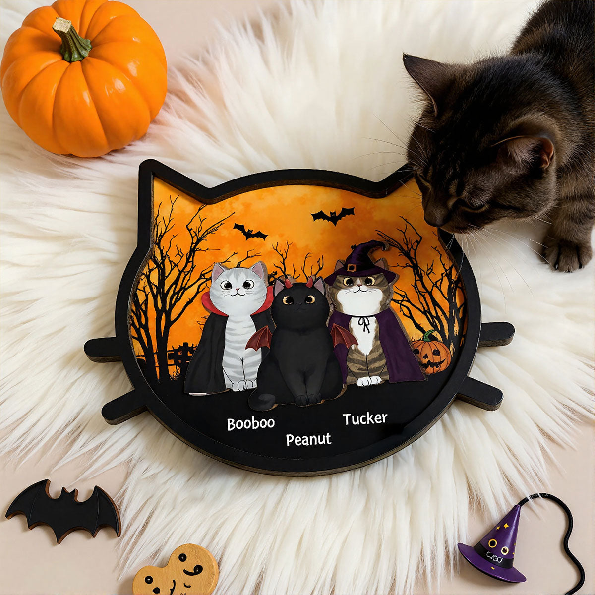Spooky Halloween Theme Cat Face Personalized 2-Layer Wooden Plaque