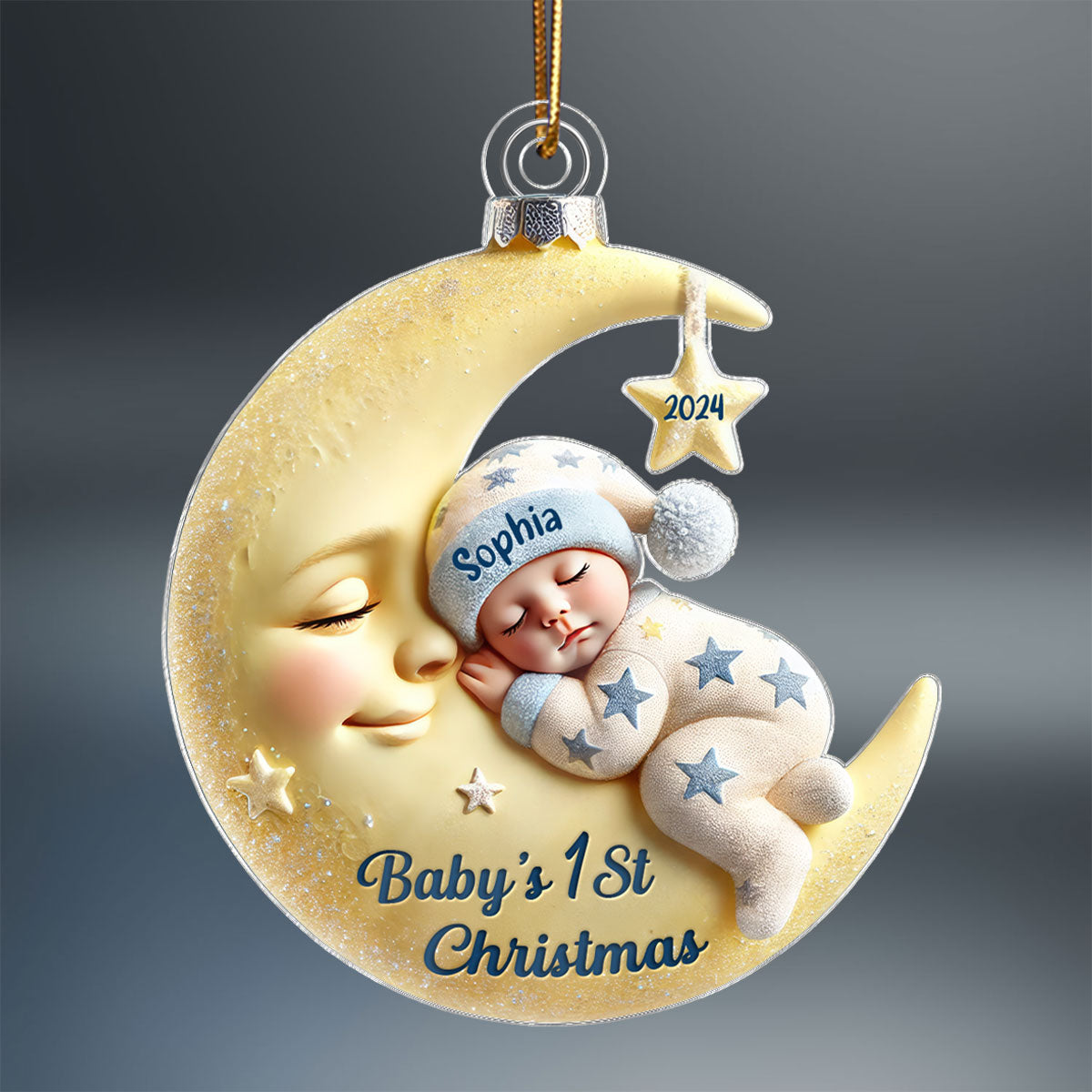 3D Effect Baby On Moon First Christmas 1st Christmas Keepsake - Personalized Acrylic Ornament