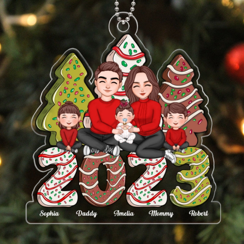 Happy Family Sitting Hugging Christmas Tree Cake Personalized Acrylic Ornament