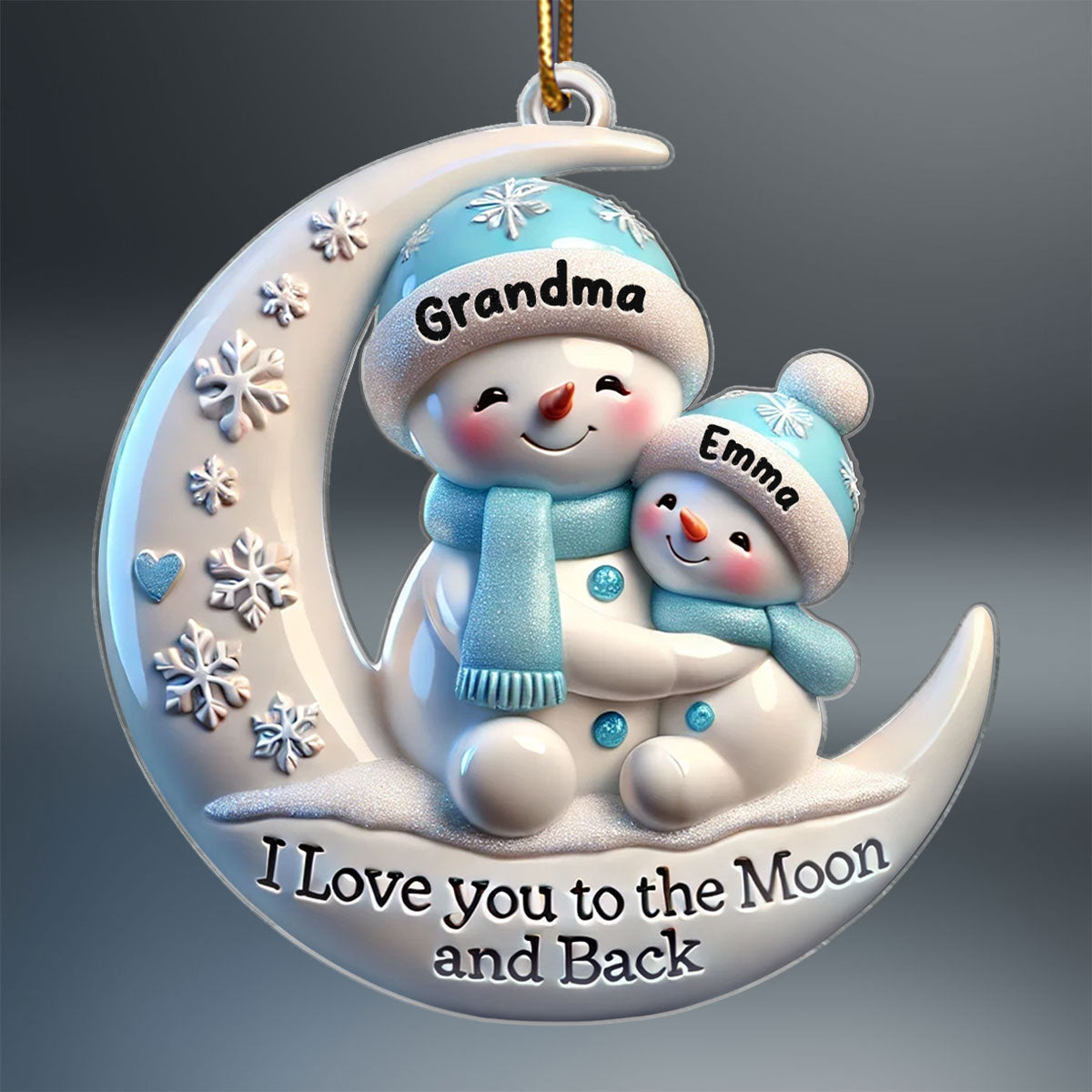 3D Effect Cute Snowmen Grandma & Hugging Grandkid On The Moon Personalized Acrylic Ornament, Christmas Gift For Granddaughter, Grandson