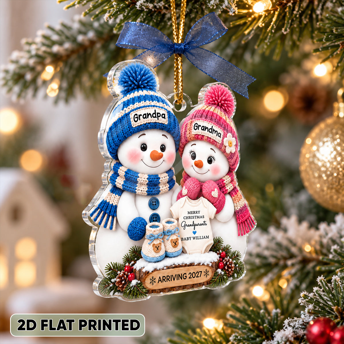 Promoted To Grandparents Cute Snowman 2D Flat - Personalized Acrylic Ornament - First Christmas Gift For New Grandparents, Pregnancy Announcement