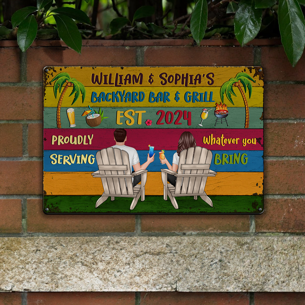 Welcome To Backyard Bar & Grill Back View Couple Personalized Metal Sign
