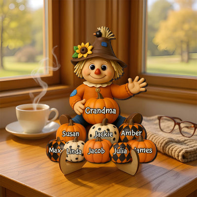 Fall Season Grandma Scarecrow Grandkids Pumpkins 3D Effect Personalized 2-Layer Wooden Plaque