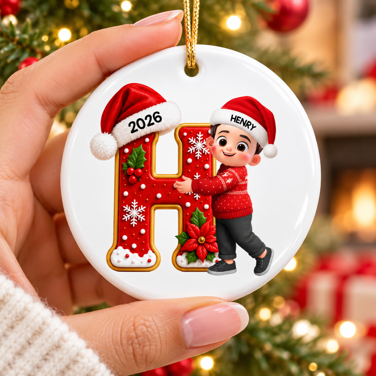Joyful Christmas Letter Hug - Personalized Circle Ornament- Gift For Boys, Girls, Grandkids