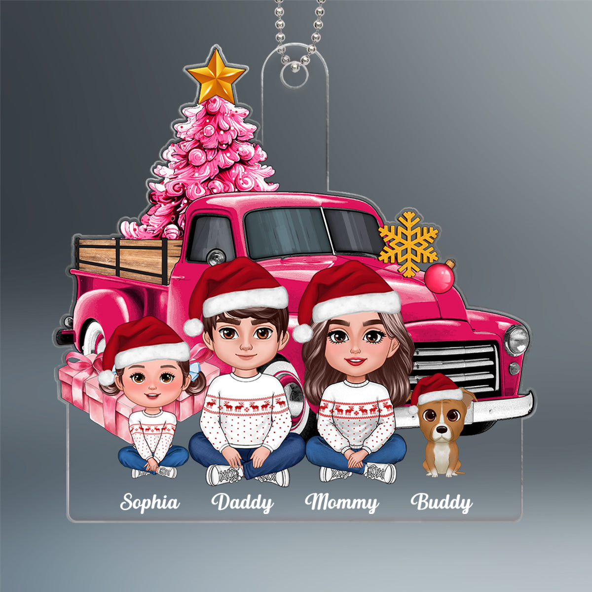 Pink Christmas Truck Family Personalized Acrylic Ornament