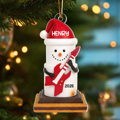 Snow Man Playing Guitar On Chocolate and Cracker - Personalized Acrylic Ornament-  Gift for Guitar Lovers