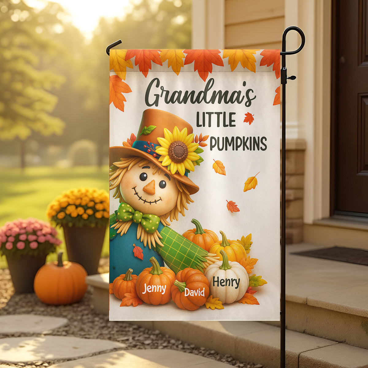 Grandma's Pumpkin Patch Scarecrow Personalized Garden Flag, Cozy Fall Decor for Grandma