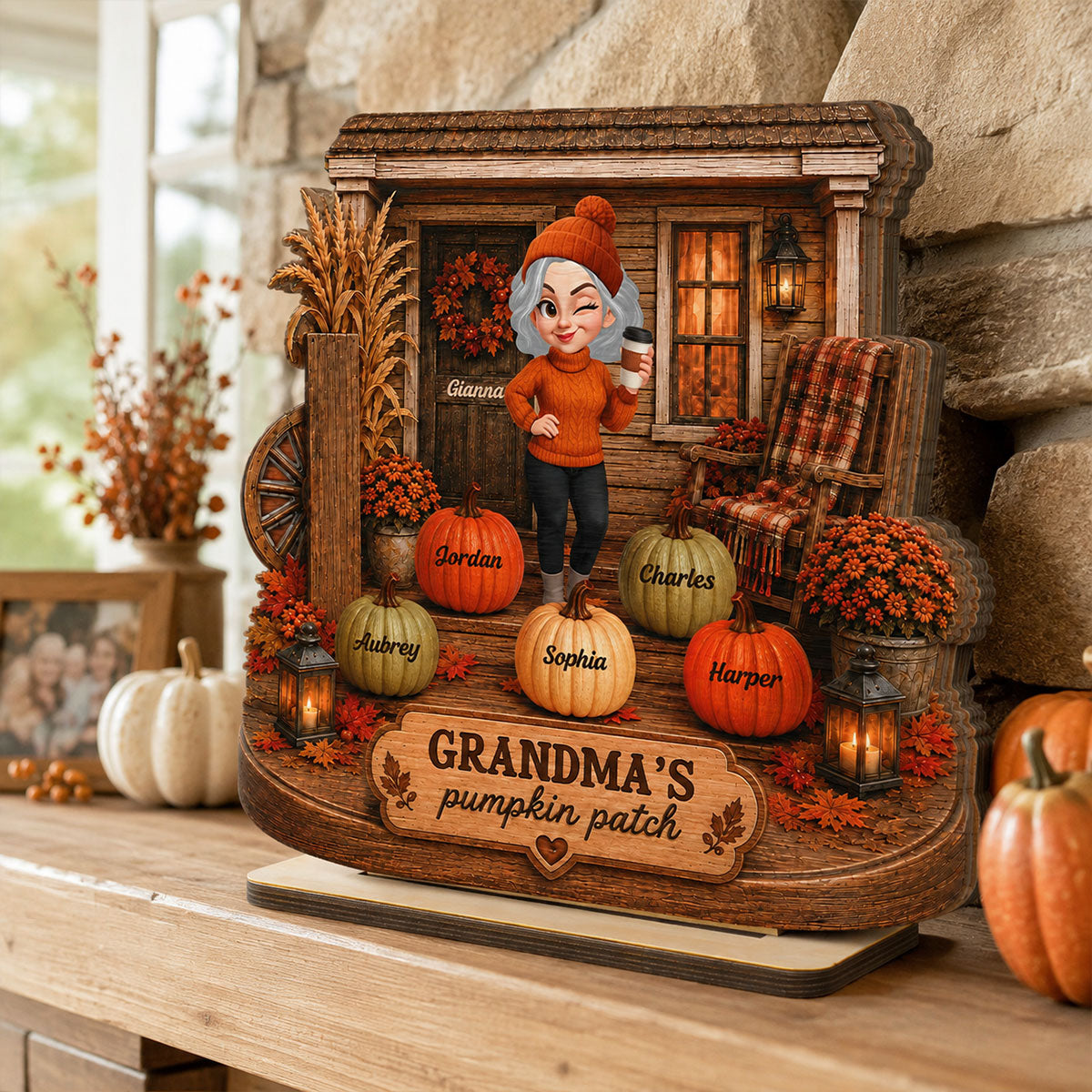 Grandma's Pumpkin Patch Front Porch 2D Flat Printed - Personalized 2-Layered Wooden Plaque - Cozy Fall Decor for Grandma