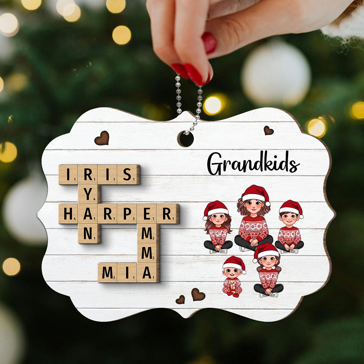 Crossword Puzzle Art Animated Grandma Grandkids Sitting Christmas Personalized 2-Layer Wooden Ornament