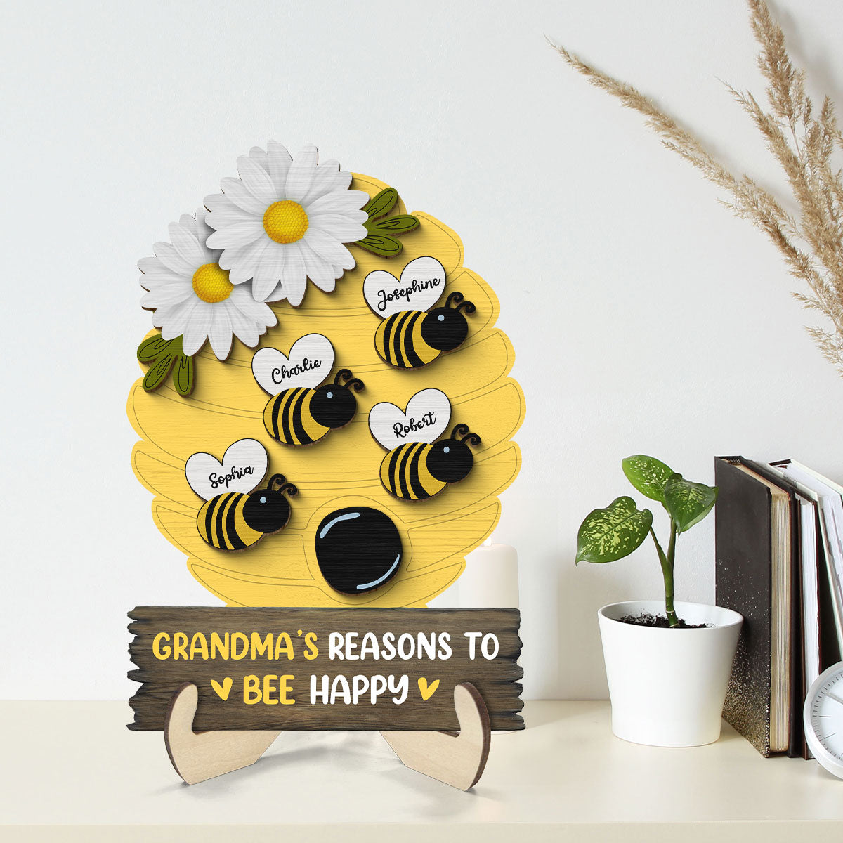 Grandma Mom Reason To Bee Happy Honey Bees Personalized 2-layer Wooden Plaque