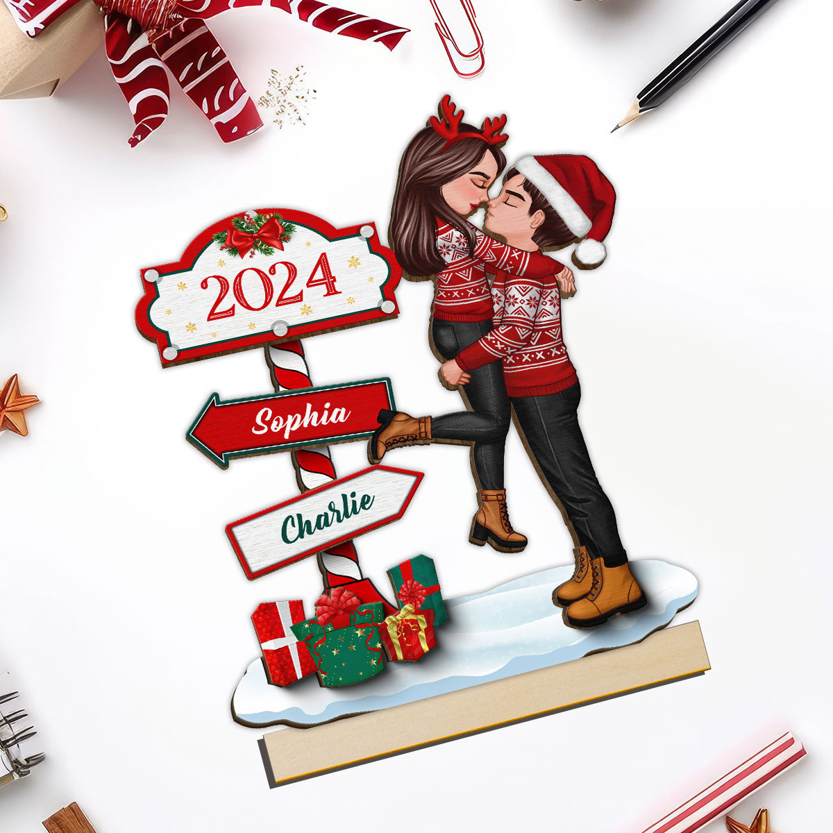 Couple Hugging Kissing North Pole Sign Christmas Decor Personalized 2-Layer Standing Wooden Plaque