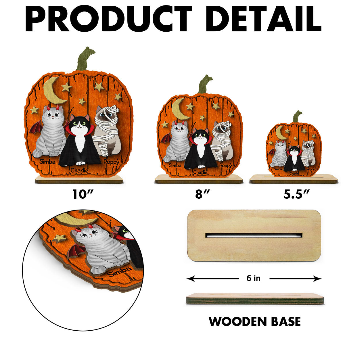 Halloween Cat Pumpkin Shaped - Personalized 2-Layered Wooden Plaque - Gift For Cat Lovers