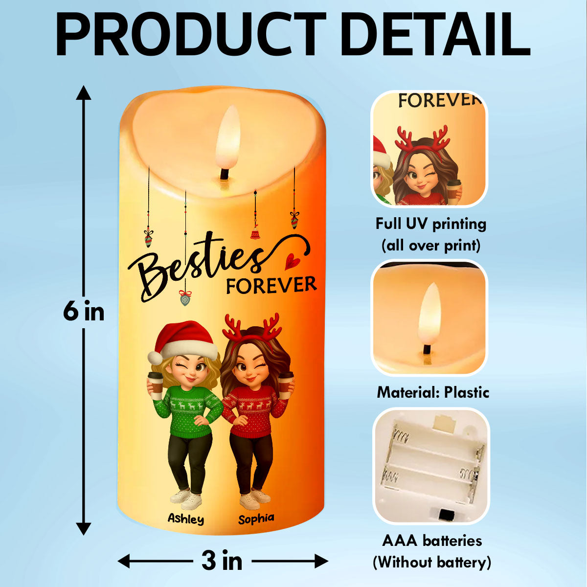 Pretty Sister Besties Standing Personalized LED Candle, Christmas Gift for Sisters, Besties