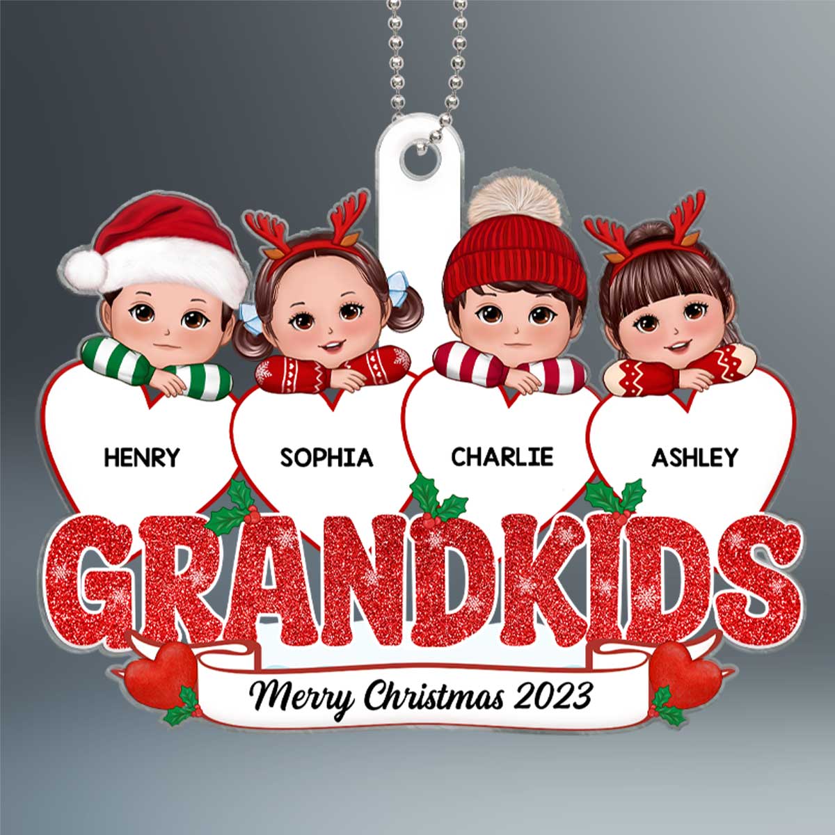 Grandkids Cute Kids On Hearts Personalized Custom Shaped Acrylic Ornament