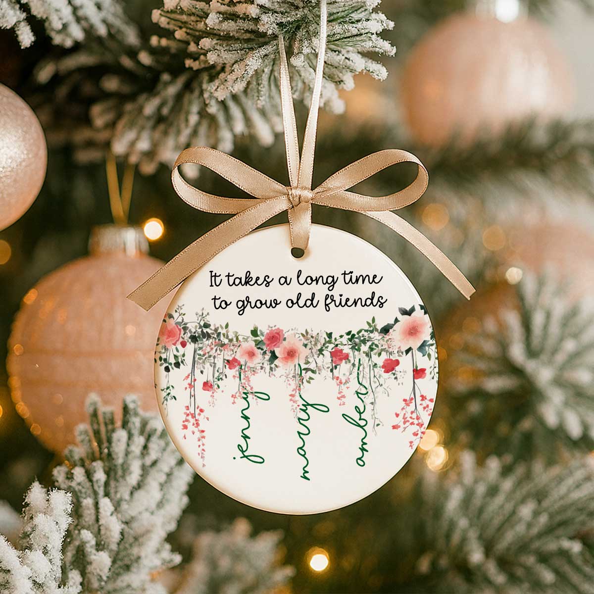 Grow Old Friends Vine Flowers Personalized Circle Ceramic Ornament, Gift for Besties, Best Friends