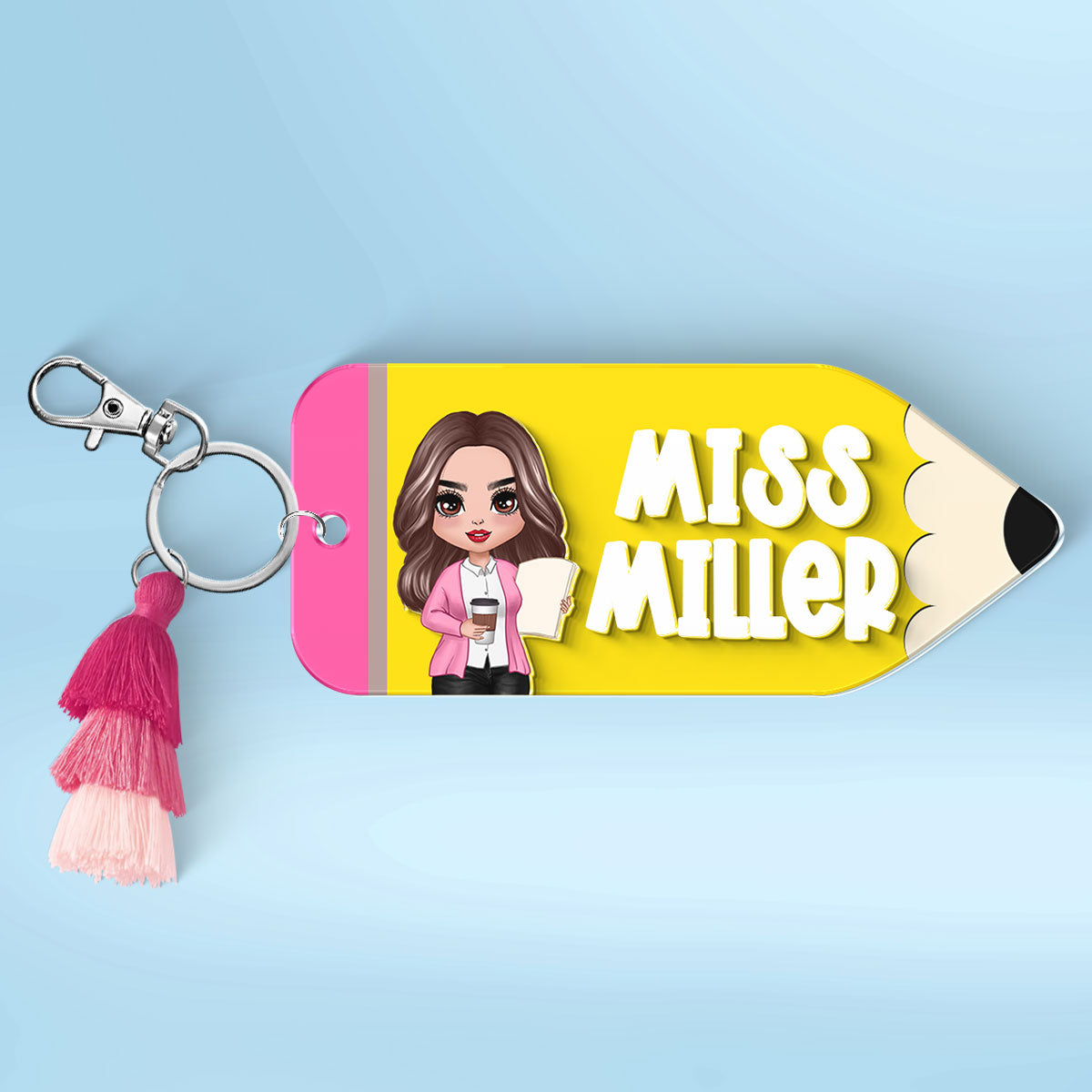 Doll Teacher Pencil Shaped Personalized 2-Layer Acrylic Keychain