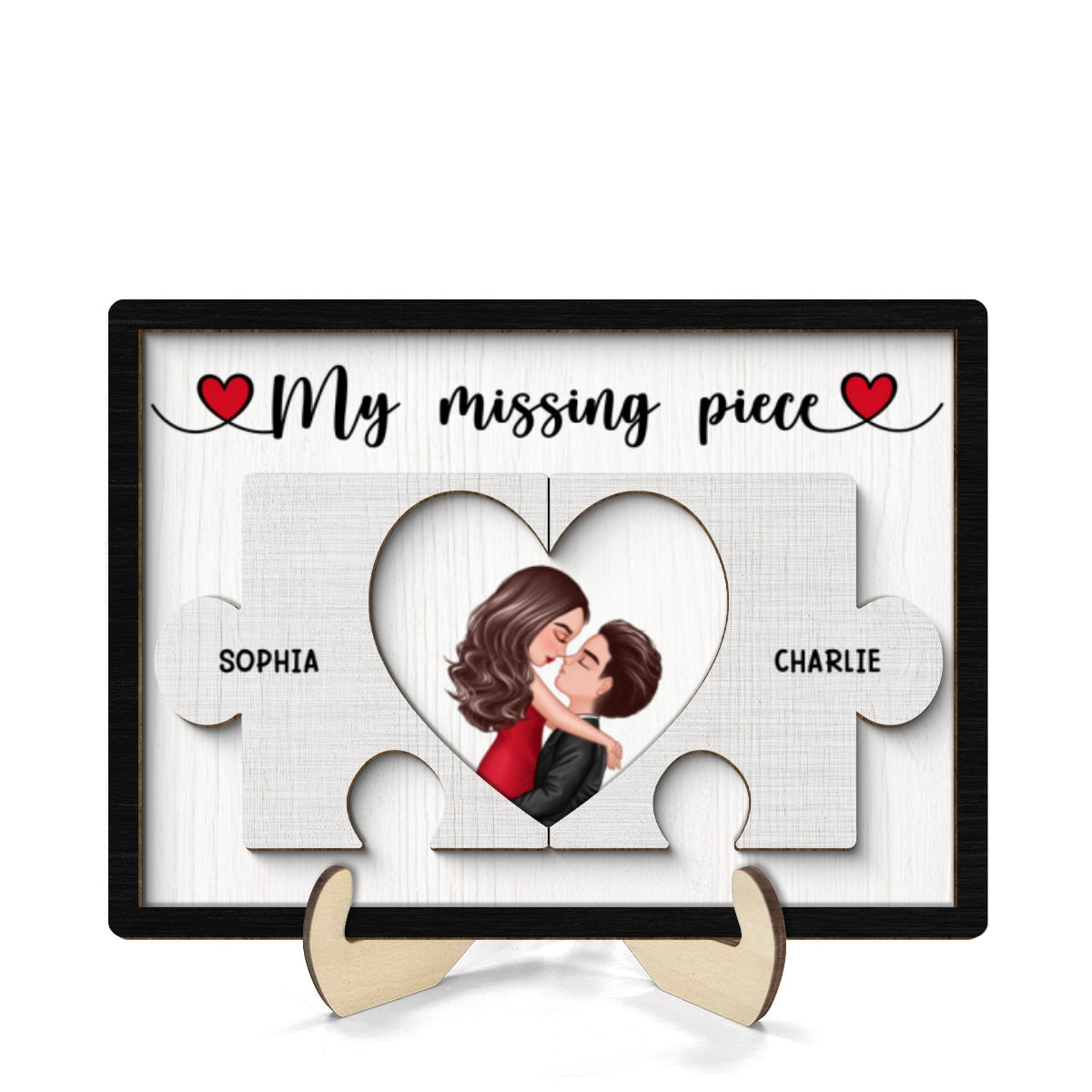 Couple Kissing Missing Piece In Puzzles Personalized 2-layer Wooden Plaque, Valentine‘s Day Gift For Him, For Her