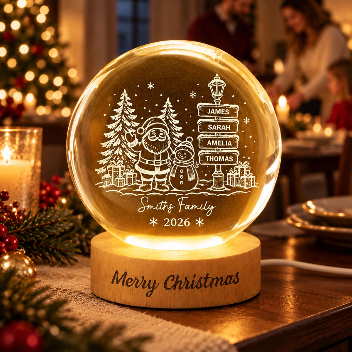 Family Name Sign Post - Personalized Crystal Ball LED Night Light - Christmas Decor for Family