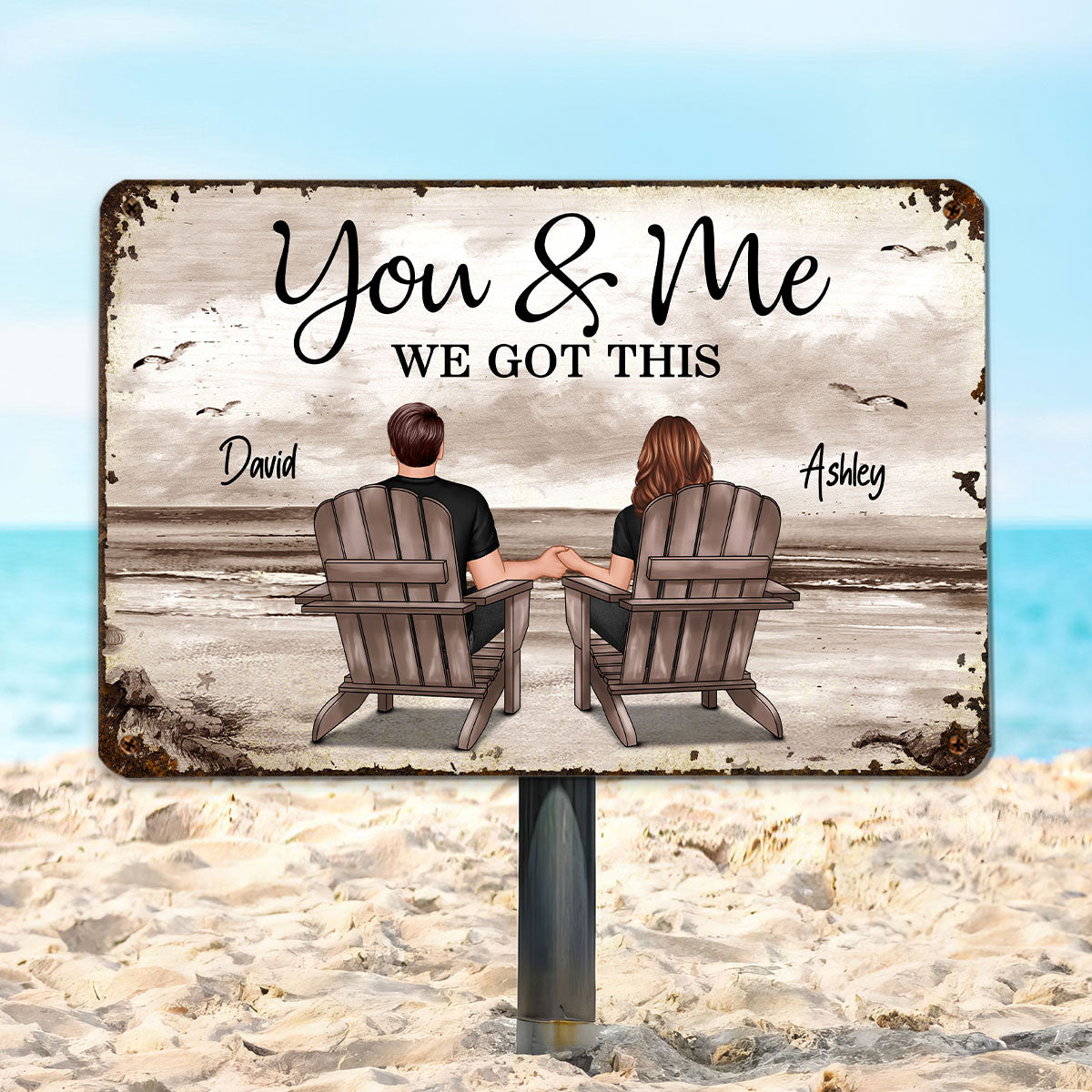 Retro Vintage Back View Couple Sitting Beach Landscape Personalized Metal Sign