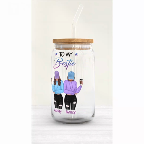 To My Bestie Front View Gift For Best Friends Personalized Clear Glass Can