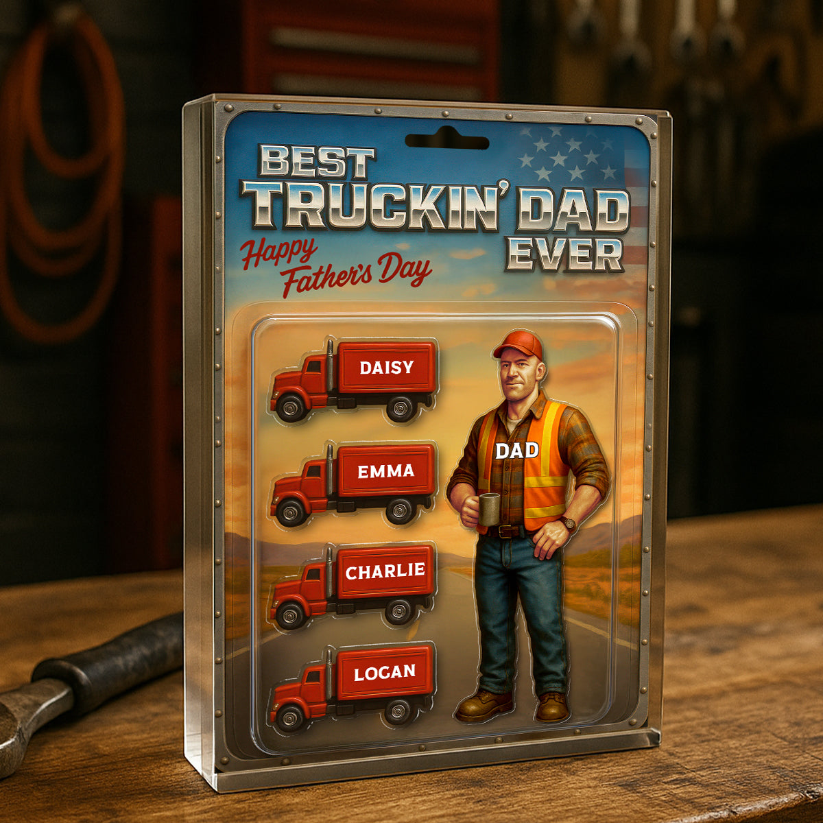 Best Truckin' Dad Ever Nation Flag Custom Action Figure Personalized Acrylic Block Plaque, Father's Day Gift for Trucker Dad