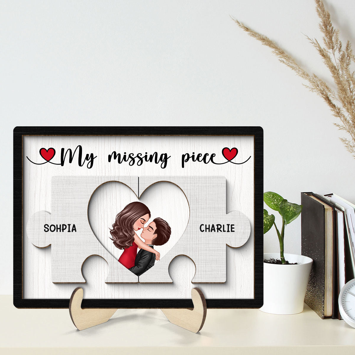Couple Kissing Missing Piece In Puzzles Personalized 2-layer Wooden Plaque, Valentine‘s Day Gift For Him, For Her