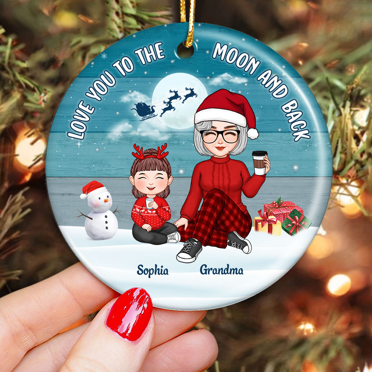 Blue Palette Cute Grandma & Grandkids Sitting On Snow Personalized Circle Ornament