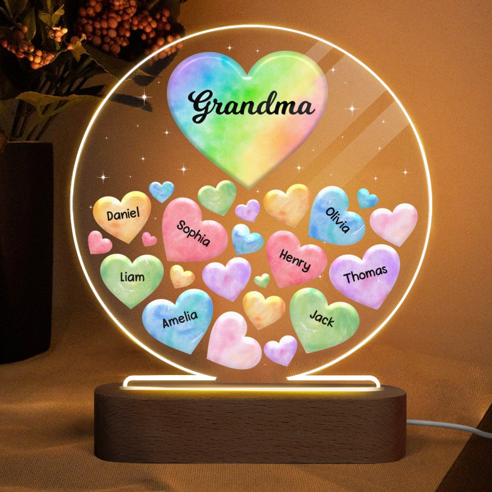Grandma Mom Hearts Colorful Watercolor Personalized Circle Acrylic LED Night Light