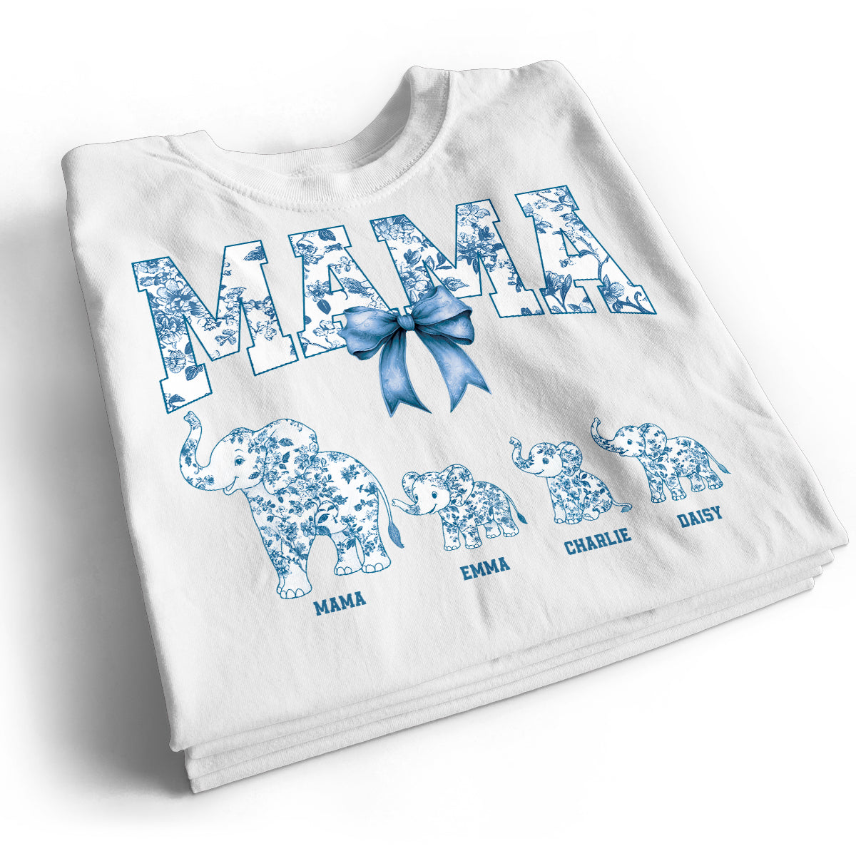 Elephant Grandma Mom Blue Floral Pattern Chinoiserie Personalized Shirt, Mother's Day gift