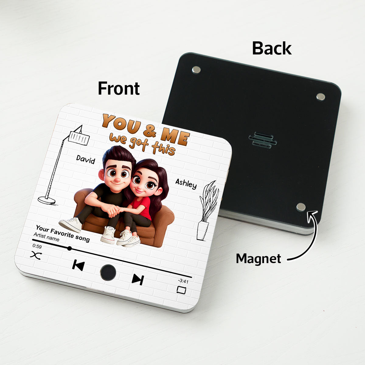 Cartoon Couple You & Me We Got This Personalized Music Fridge Magnet, Birthday, Anniversary Gift for him, Gift for her