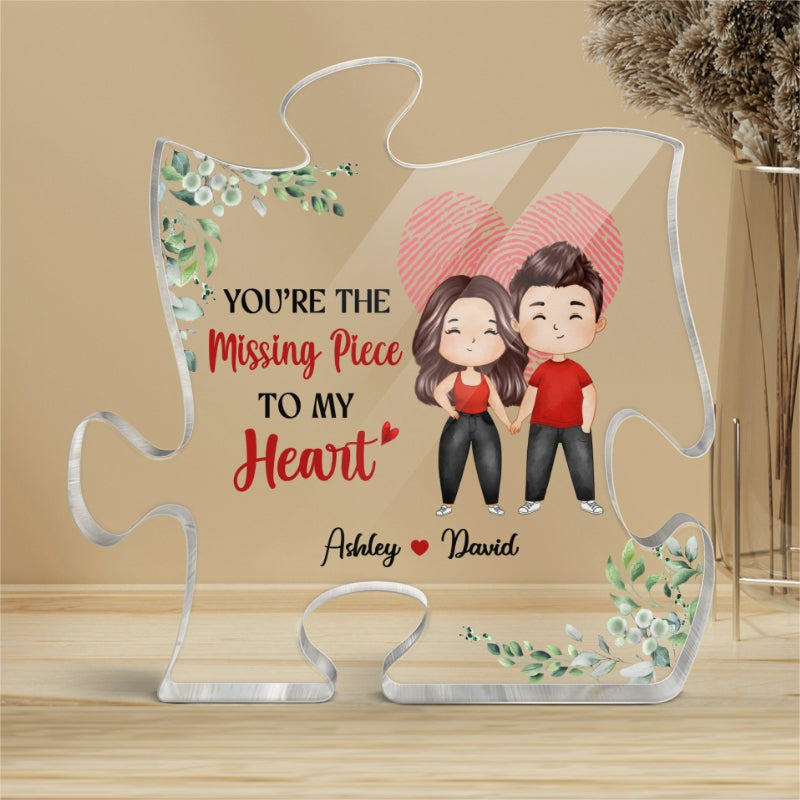 The Missing Piece Watercolor Couple Heart Fingerprint Personalized Puzzle Acrylic Plaque