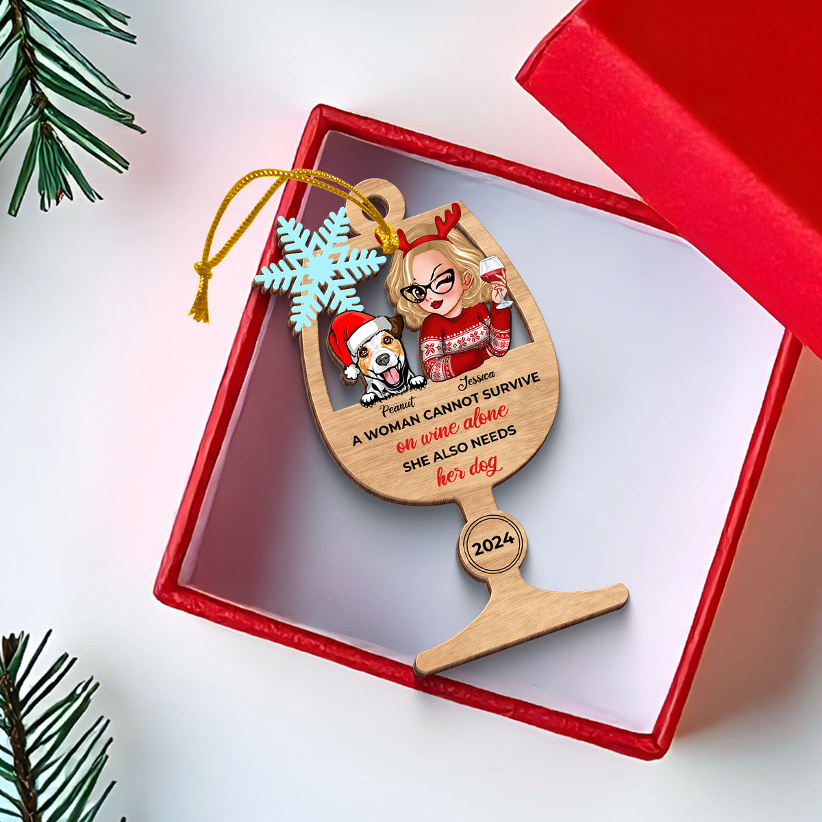 A Woman Cannot Survive on Wine Alone She Also Need Her Dogs Personalized Wooden Ornament, Christmas Gift for Dog Moms