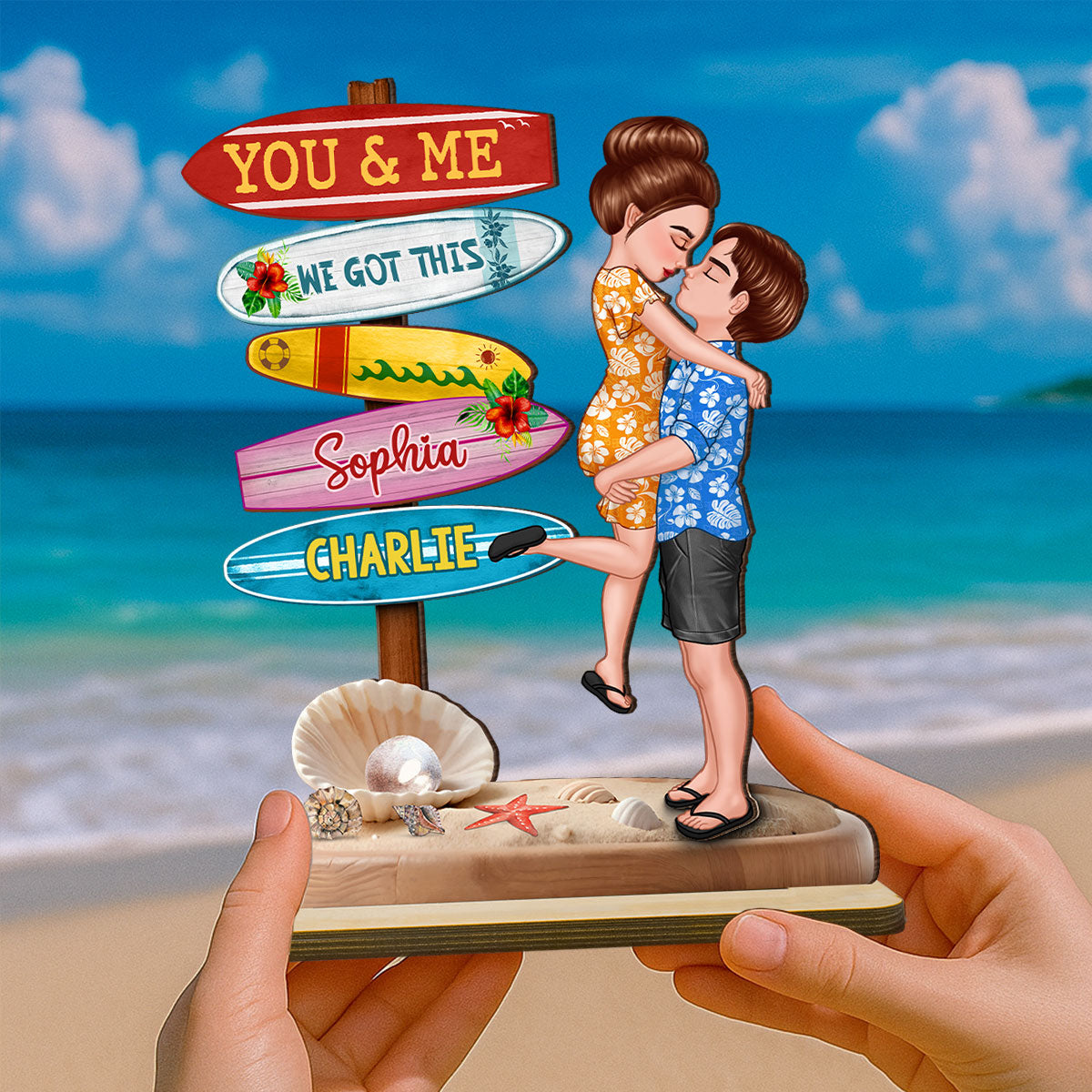Couple Hugging Kissing Beach Sign Summer Vacation Personalized Standing Wooden Plaque