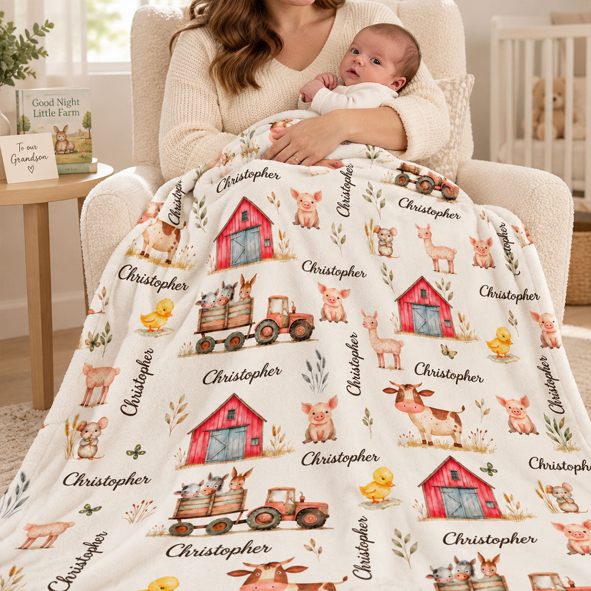 Farm Animal Print Custom Baby Name - Personalized Fleece Blanket - Nursery Farm Animal Theme For Baby Boy