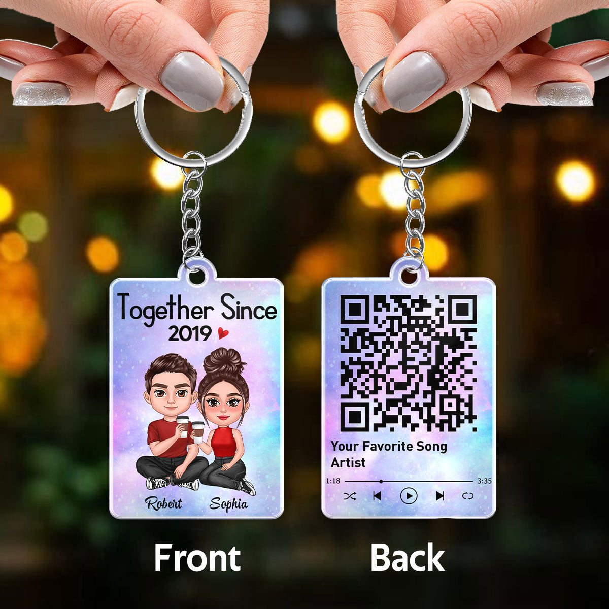 Doll Couple Sitting Together Favorite Song Scannable QR Code Personalized Acrylic Keychain