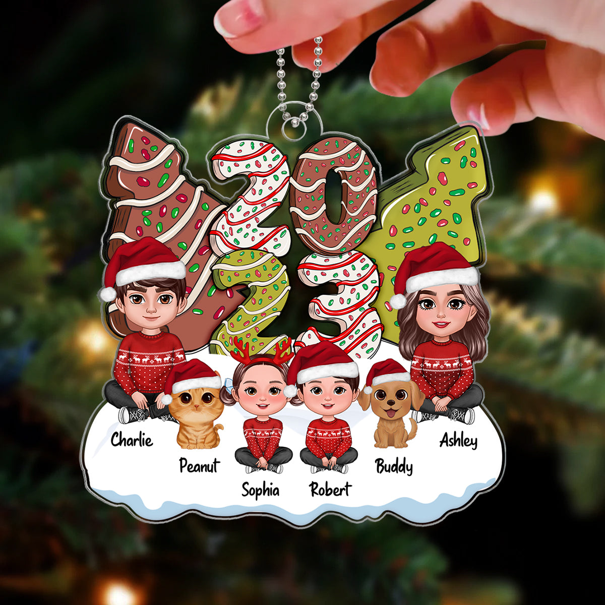Family Dad Mom Kids Dogs Cats Sitting By 2024 Christmas Tree Cake Patterned Personalized Acrylic Ornament