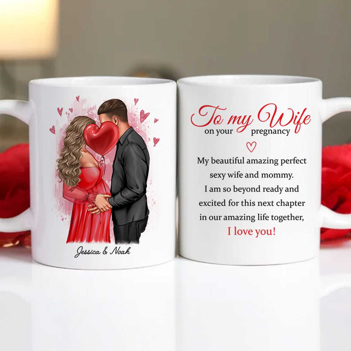 Personalized  Pregnant Wife Mug, Kissing Couple, Expecting From Husband Gift, Mom To Be Vday Gift, Romantic Pregnancy Gift