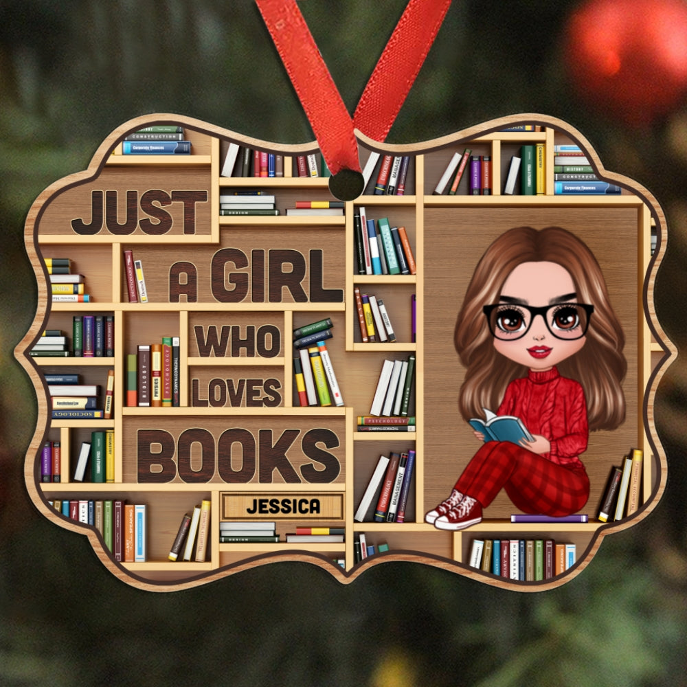 Girl Loves Books Bookshelf Personalized Christmas Ornament