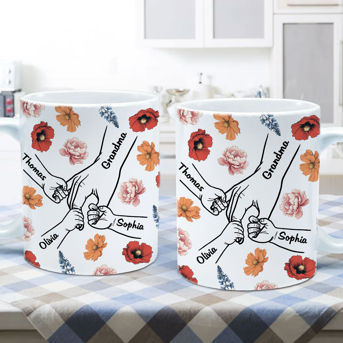 Grandma Mom & Kids Holding Hands Birth Month Flowers Personalized Mug