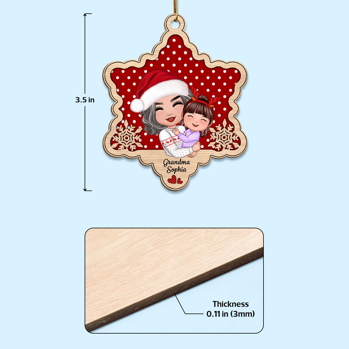 Doll Grandma Hugging Granddaughter Grandson Snowflake Personalized Wooden Ornament