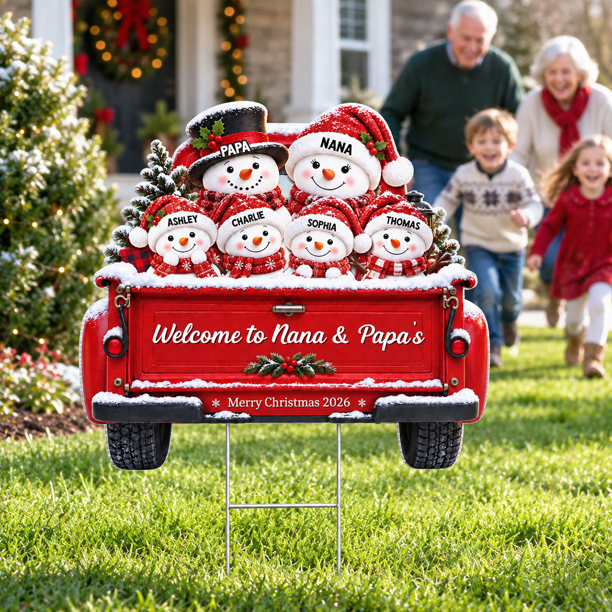 Christmas Cute Snowman Family On Truck 2D Flat Printed - Personalized Yard Sign - Christmas Decor For Family, Grandparents