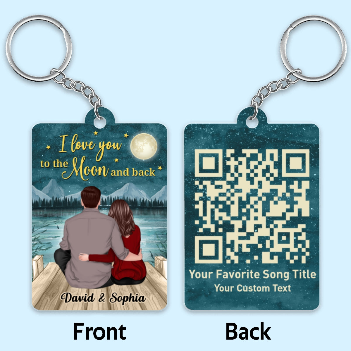 Back View Couple Sitting On The Bridge I Love You To The Moon And Back Favorite Song Scannable QR Code Personalized Acrylic Keychain