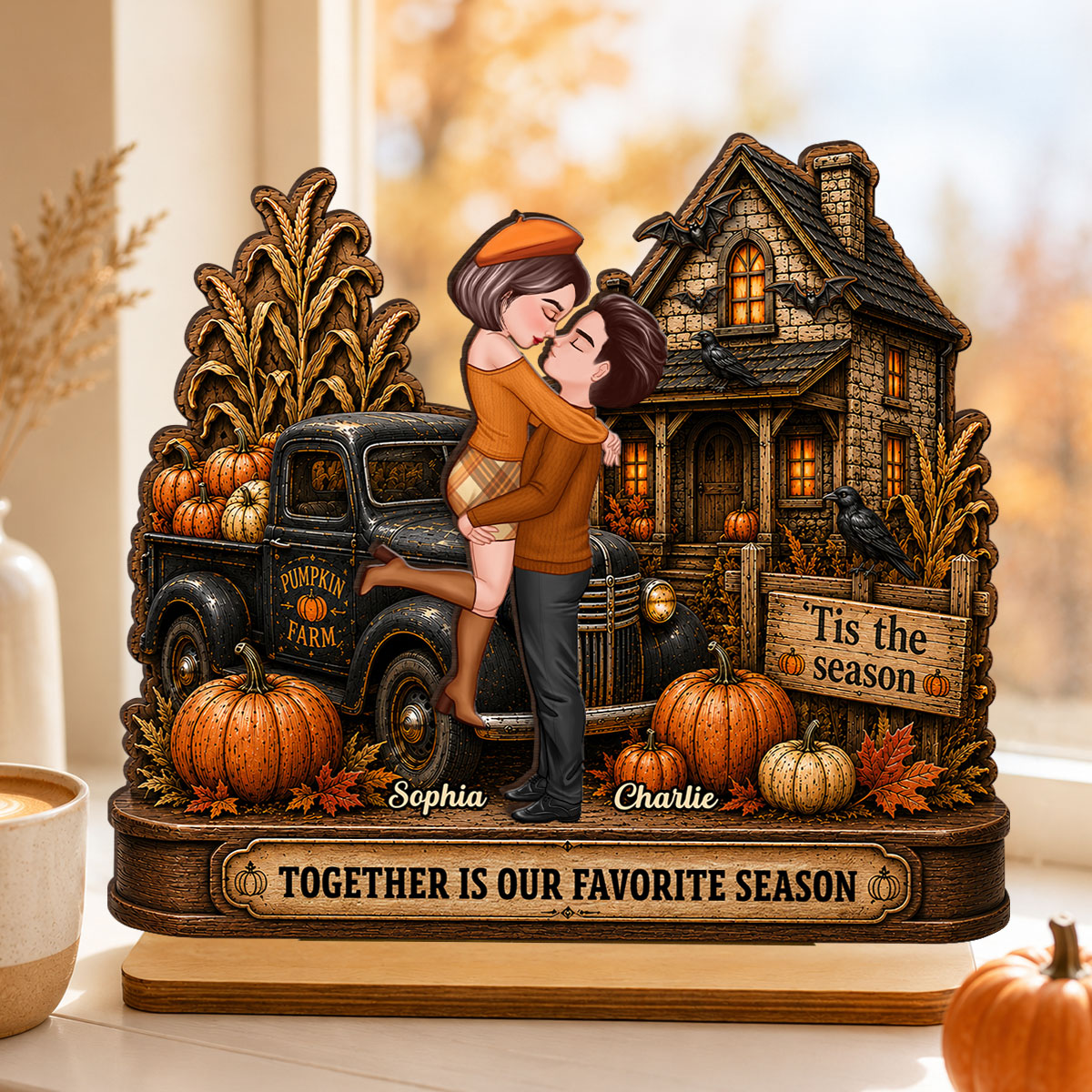 Fall in Love with You Couple Fall Season - Personalized 2-Layered Wooden Plaque - Haunted House Halloween Decor