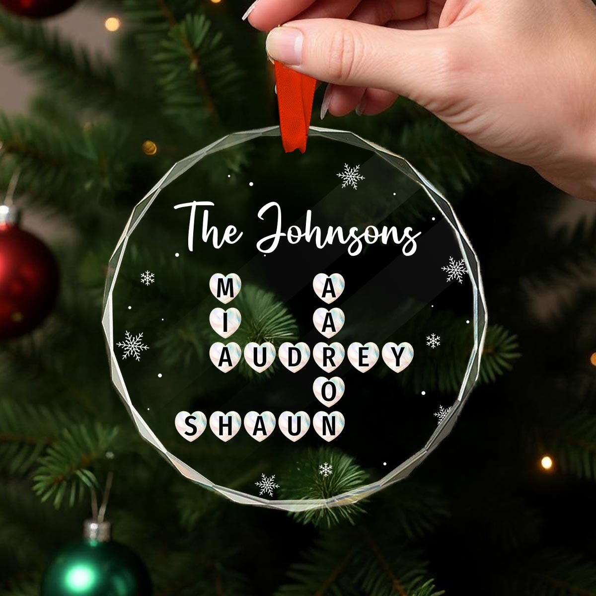 Unique Family Decor Beautiful Heart Crossword Puzzle Art Personalized Glass Ornament, Christmas Keepsake