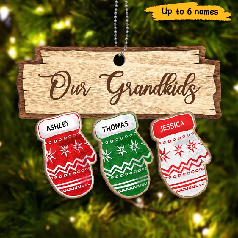 Our Grandkids Christmas Gloves Personalized Wooden Ornament