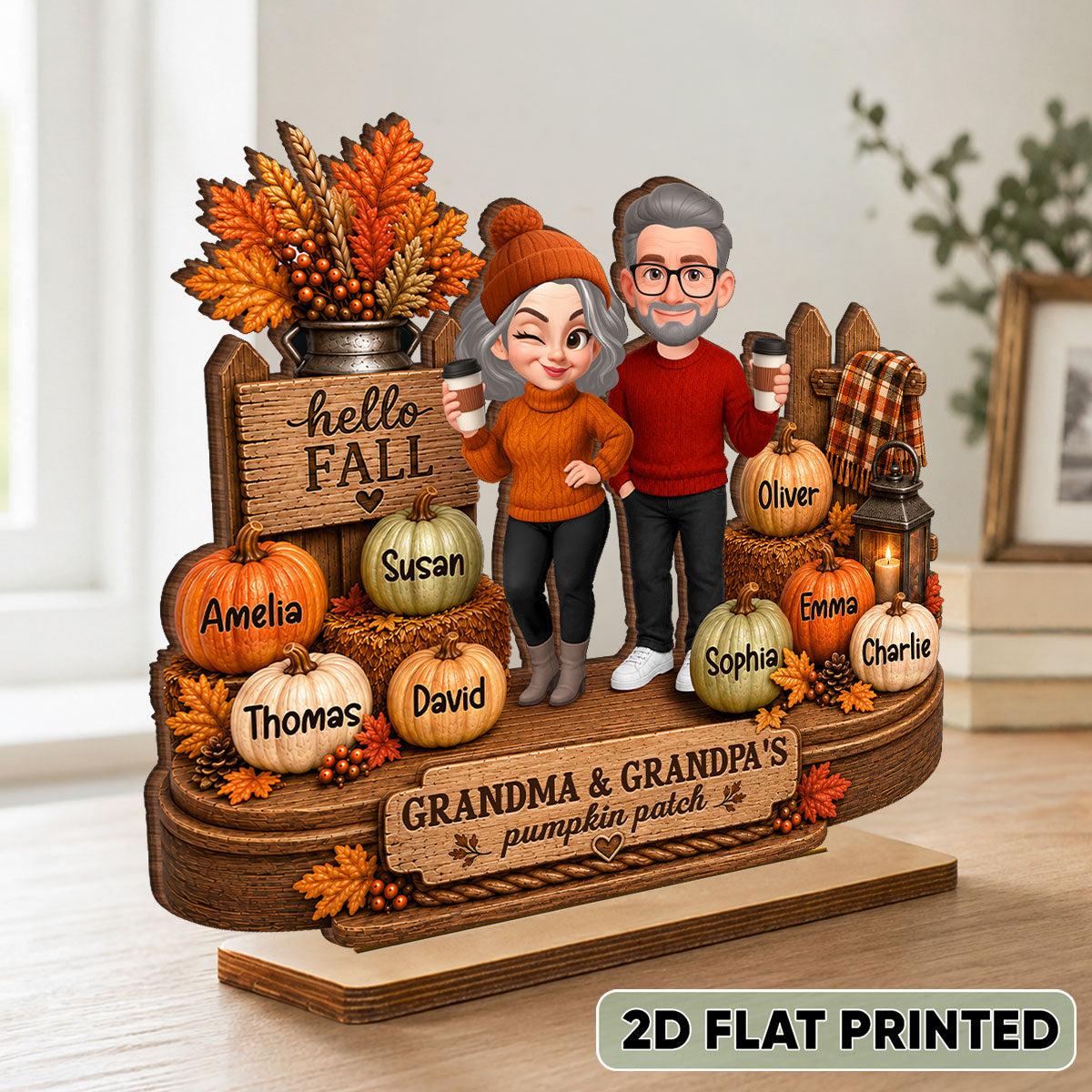 Hello Fall Grandparents' Pumpkin Patch - Personalized 2-Layered Wooden Plaque - Fall Gift, Thanksgiving, Grandparents Day Gift