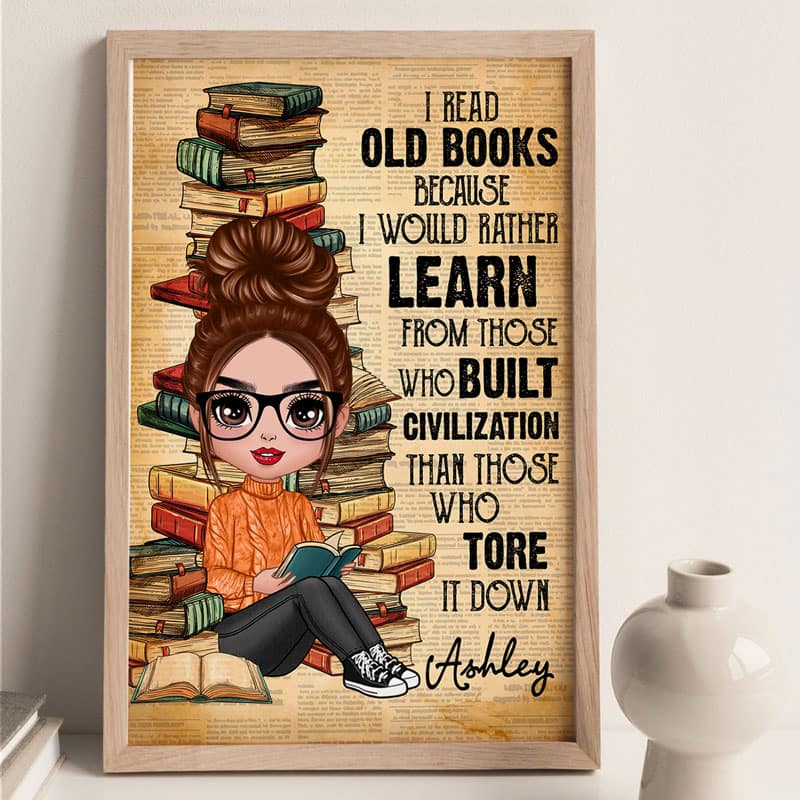 Reading Book Girl Old Paper Personalized Vertical Poster