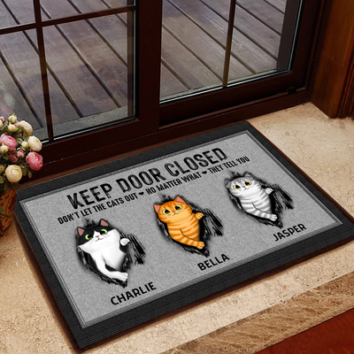 Keep Door Closed Fluffy Cat Tearing Gray Background Personalized Doormat