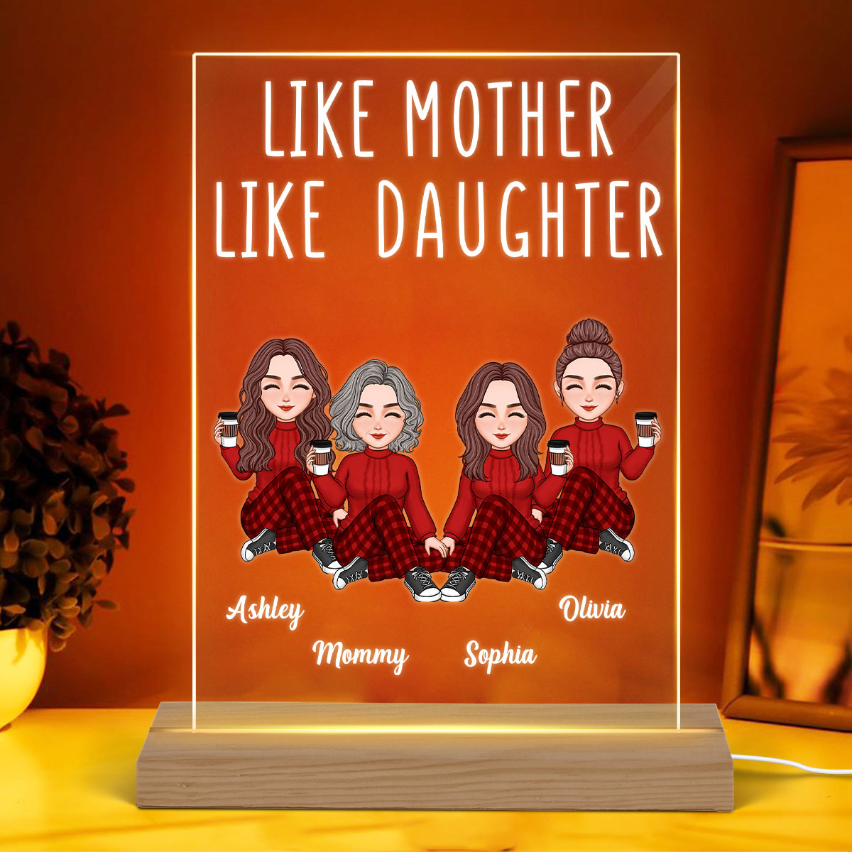 Like Mother Like Daughters Cute Mom And Daughters Sitting Gift For Mom Personalized Rectangle Acrylic Plaque LED Night Light